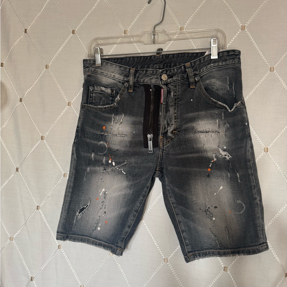 Dsquared2 Men's Distressed Black Denim Shorts with Paint-Splatter Detail